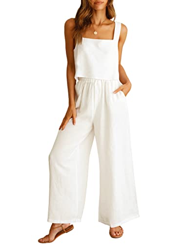 ANRABESS 2 Piece Summer Outfits Womens White Casual Matching Sets Tracksuits Linen Crop Top Long Pants Jumpsuits Beach Cruise Resort 2024 Fashion Clothes 732mibai-M