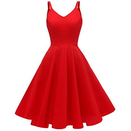 GOOBGS Women's 1950s Retro Vintage Spaghetti Strap Cocktail Swing Dresses with Pockets Red S