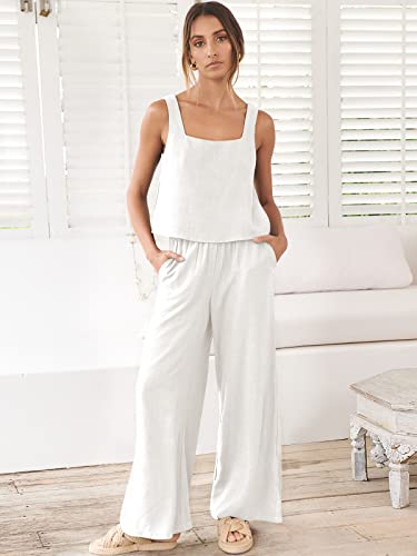 ANRABESS 2 Piece Summer Outfits Womens White Casual Matching Sets Tracksuits Linen Crop Top Long Pants Jumpsuits Beach Cruise Resort 2024 Fashion Clothes 732mibai-M