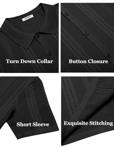 COOFANDY Men's Short Sleeve Knit Shirts Vintage Button Down Polo Shirt Casual Beach Tops, Black, Medium