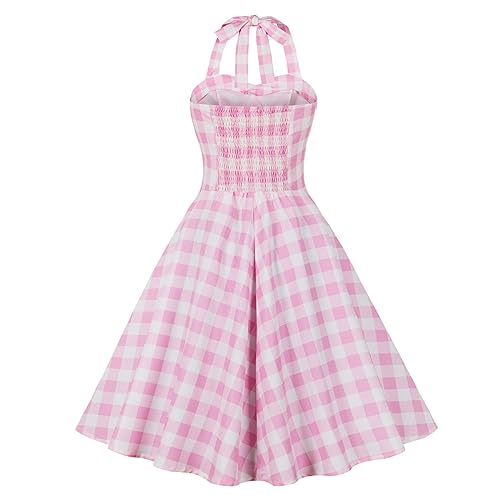 50s Pink Plaid Dresses for Women Pink Gingham Dress Vintage 1950s Cocktail Party Swing Dress Sweetheart Pinup Halter Dresses Patchwork Pink and White Checkered Dress Tea Party Rockabilly Dress Pink S