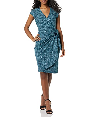 Amazon Essentials Women's Classic Cap Sleeve Wrap Dress (Available in Plus Size), Blue Daisy, Large