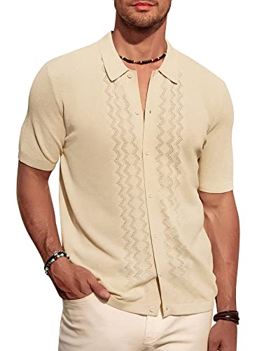 PJ PAUL JONES Men Knit Polo Shirt Retro Breathable Knitted Shirts Soft Button Down Polos Collared Hollowed Outs Outfits Apricot