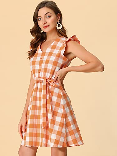 Allegra K Women's Casual Check Ruffled Sleeve Sundress A-Line Vintage Plaids Gingham Dress Small Orange