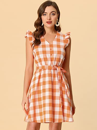 Allegra K Women's Casual Check Ruffled Sleeve Sundress A-Line Vintage Plaids Gingham Dress Small Orange