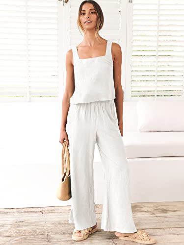 ANRABESS 2 Piece Summer Outfits Womens White Casual Matching Sets Tracksuits Linen Crop Top Long Pants Jumpsuits Beach Cruise Resort 2024 Fashion Clothes 732mibai-M