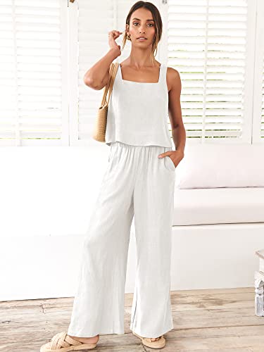 ANRABESS 2 Piece Summer Outfits Womens White Casual Matching Sets Tracksuits Linen Crop Top Long Pants Jumpsuits Beach Cruise Resort 2024 Fashion Clothes 732mibai-M