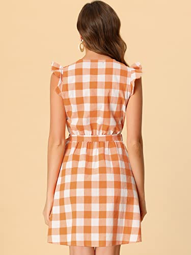 Allegra K Women's Casual Check Ruffled Sleeve Sundress A-Line Vintage Plaids Gingham Dress Small Orange