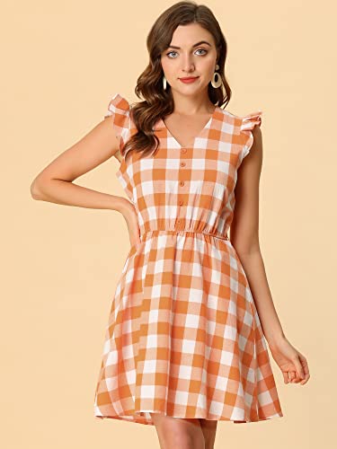 Allegra K Women's Casual Check Ruffled Sleeve Sundress A-Line Vintage Plaids Gingham Dress Small Orange