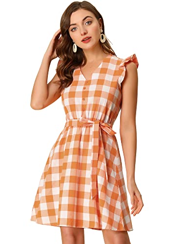 Allegra K Women's Casual Check Ruffled Sleeve Sundress A-Line Vintage Plaids Gingham Dress Small Orange