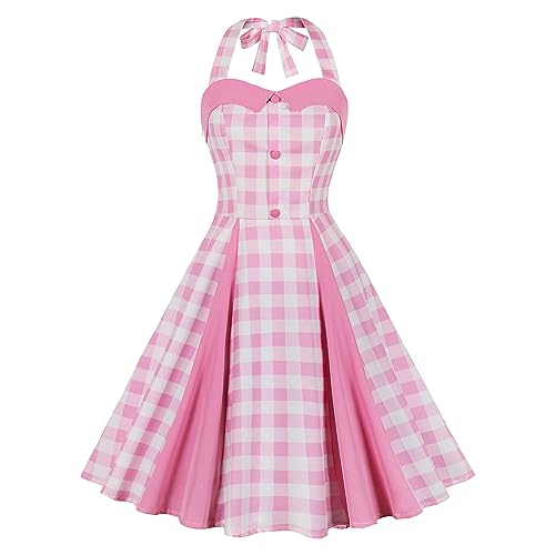 50s Pink Plaid Dresses for Women Pink Gingham Dress Vintage 1950s Cocktail Party Swing Dress Sweetheart Pinup Halter Dresses Patchwork Pink and White Checkered Dress Tea Party Rockabilly Dress Pink S