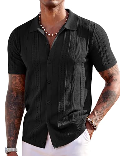 COOFANDY Men's Short Sleeve Knit Shirts Vintage Button Down Polo Shirt Casual Beach Tops, Black, Medium