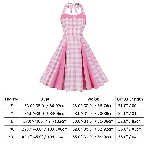 50s Pink Plaid Dresses for Women Pink Gingham Dress Vintage 1950s Cocktail Party Swing Dress Sweetheart Pinup Halter Dresses Patchwork Pink and White Checkered Dress Tea Party Rockabilly Dress Pink S