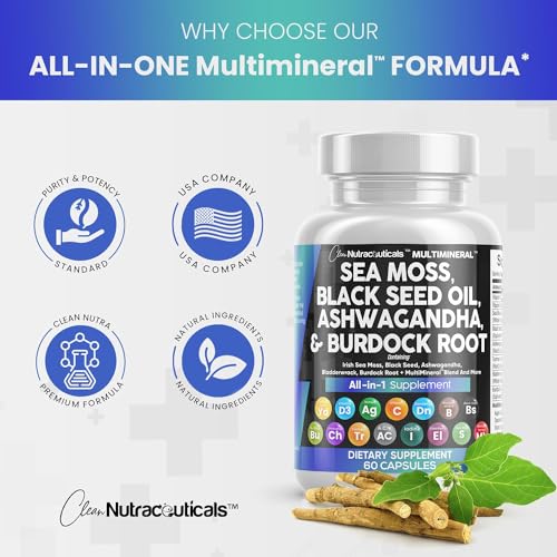 Sea Moss 3000mg Black Seed Oil 2000mg Ashwagandha 1000mg Turmeric 1000mg Bladderwrack 1000mg Burdock 1000mg & Vitamin C & D3 with Elderberry Manuka Dandelion Yellow Dock Iodine Chlorophyll ACV