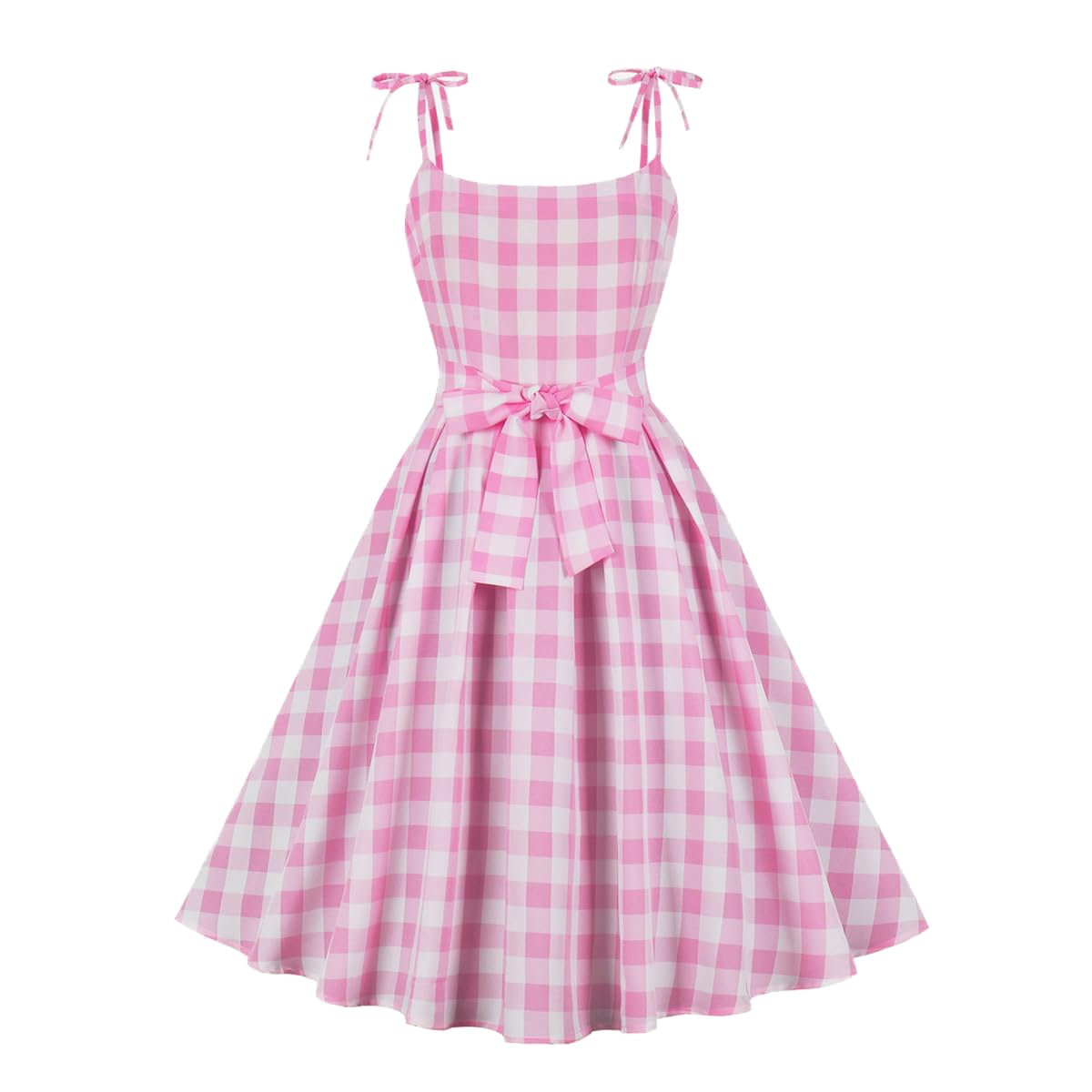 Women Vintage 1950s Dress Pink Plaid Gingham Dress Swing Rockabilly Prom Dress Tea Party Cocktail Dress Spaghetti Strap