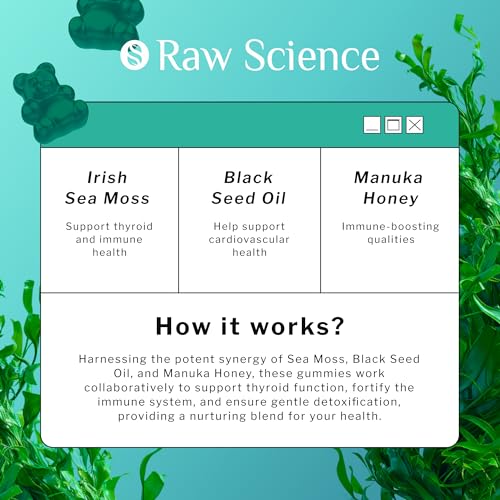 Irish Sea Moss Gummies - Detox & Thyroid Support for Women & Men - Black Seed Oil, Manuka Honey, Fenugreek, Chlorophyll: Immune Support, Immunity Supplement - Burdock Root, Bladderwrack - 60 Gummies