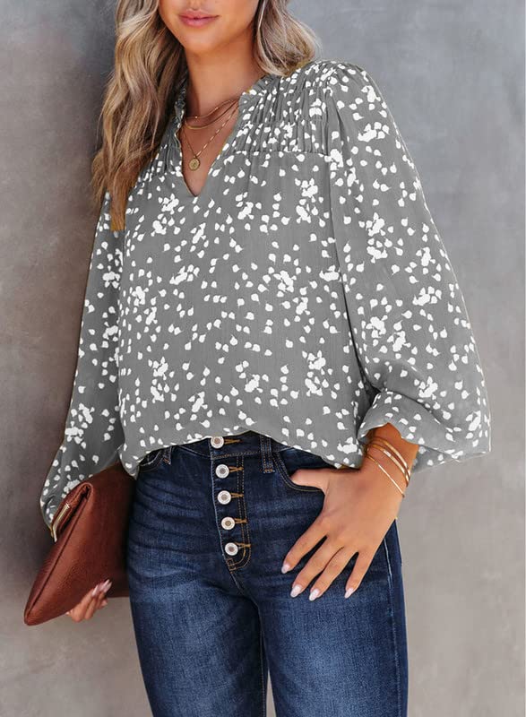 Dokotoo Floral Print V-Neck Chiffon Blouse - Boho Long Sleeve Top for Women