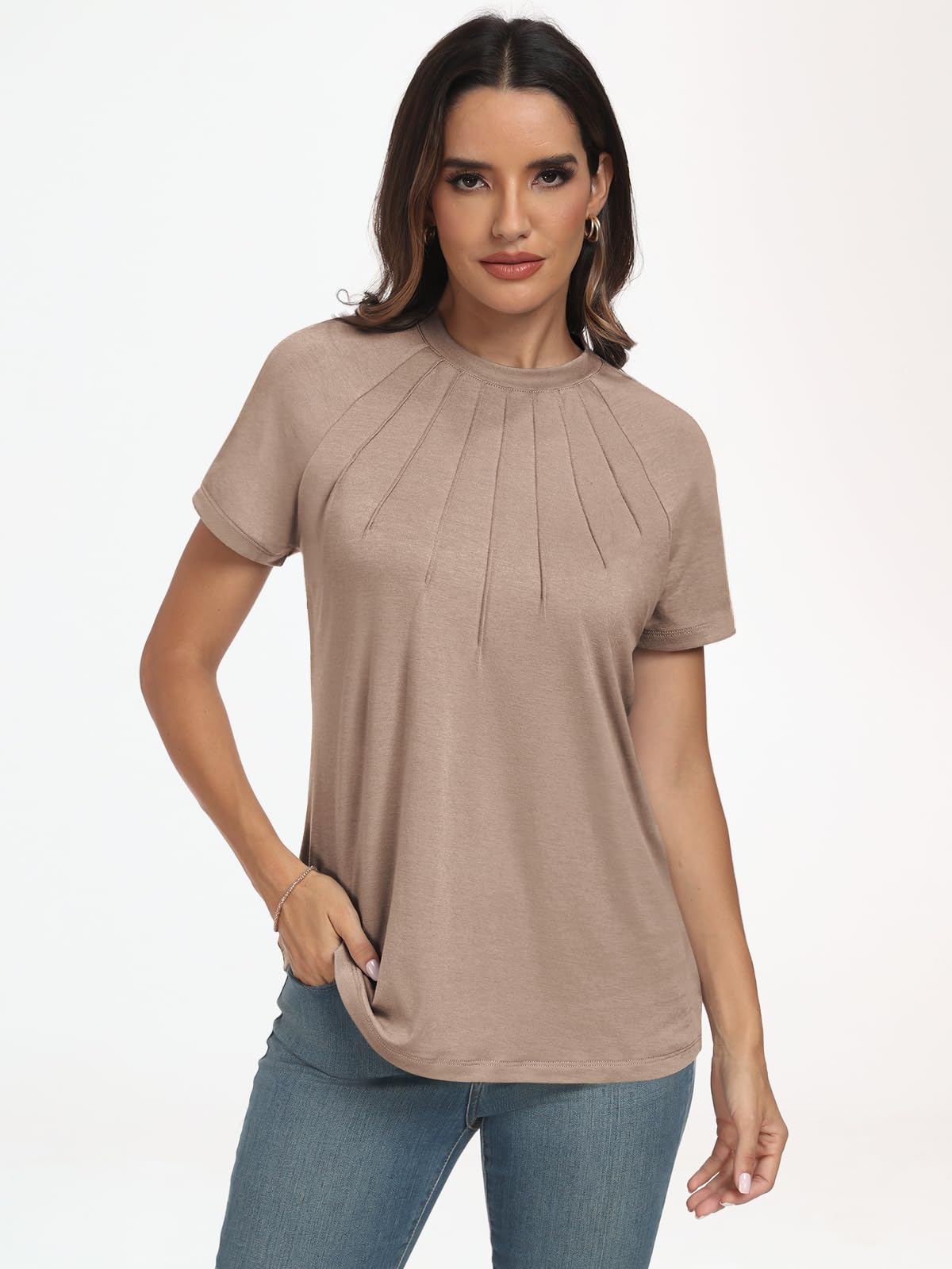 AUTOMET Womens Tshirts Trendy Dressy Tops Business Casual Tee Shirts Fashion Knitted Blouses Y2k Spring Outfits 2024 Khaki