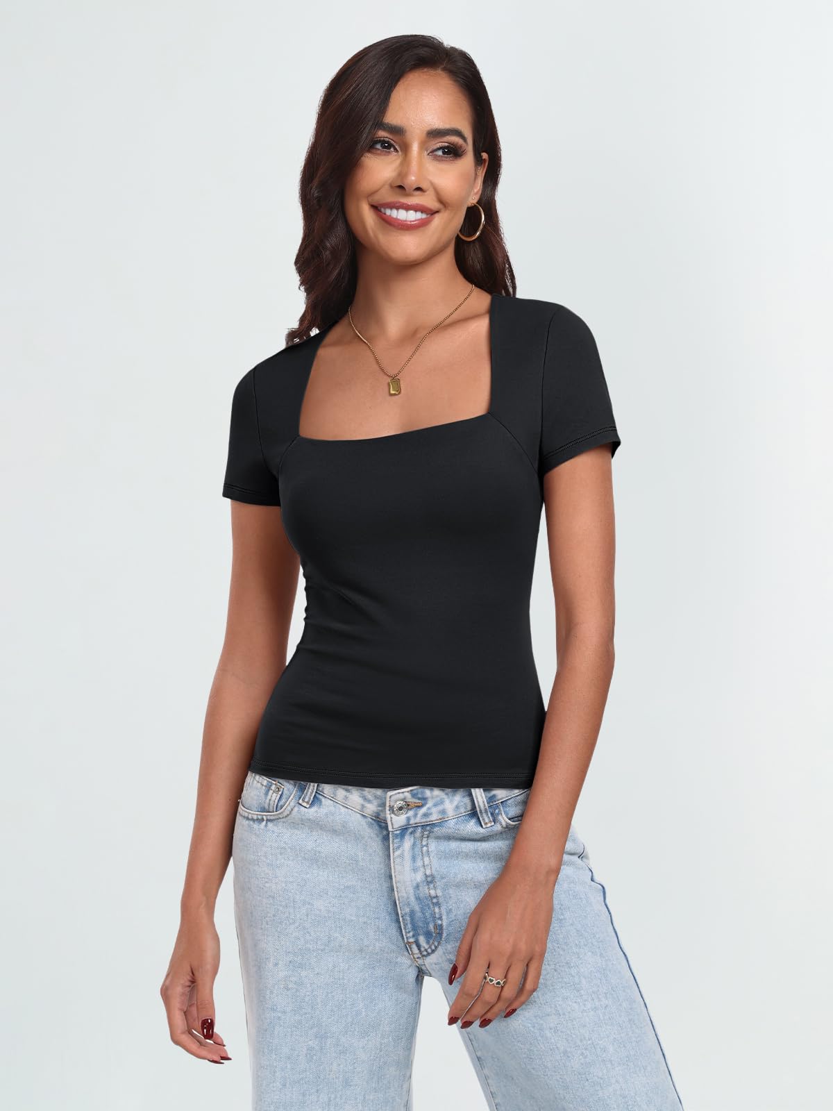 Trendy Queen Women's Going Out Tops Short Sleeve Summer Outfits Basic Double Lined Tops Tight Solid Color Tshirts 2024 Black