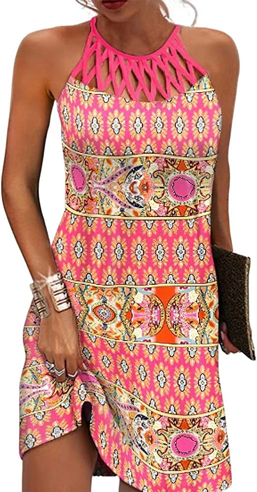 Size L Bohemia Pink Summer Dresses for Women 2024 Casual Floral Hollow Out Halter Neck A-line Cold Shoulder Sundresses for Beach Vacation Holiday