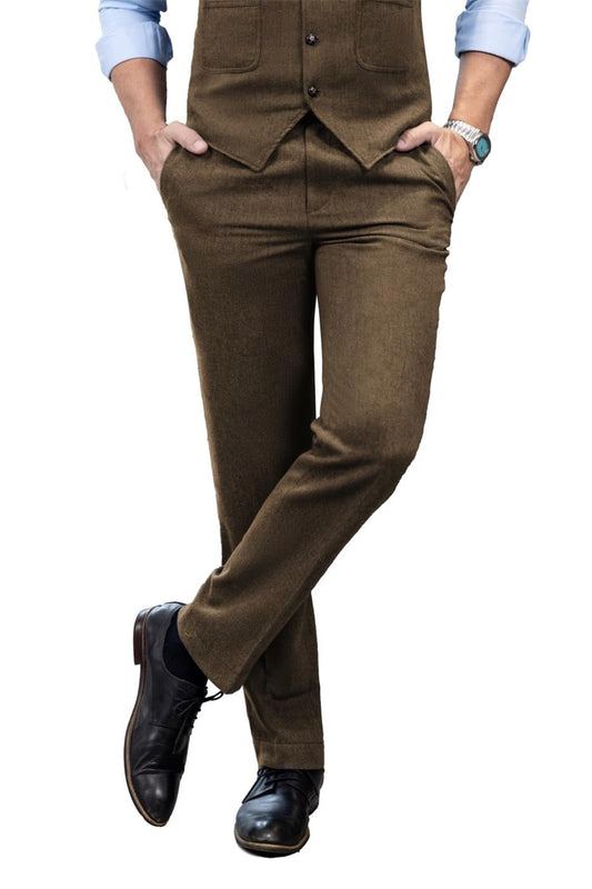 Mens Vintage Tweed Dress Pants Herringbone Pattern Trousers Regular Fit Business Suit Pants(Brown,29W30L)