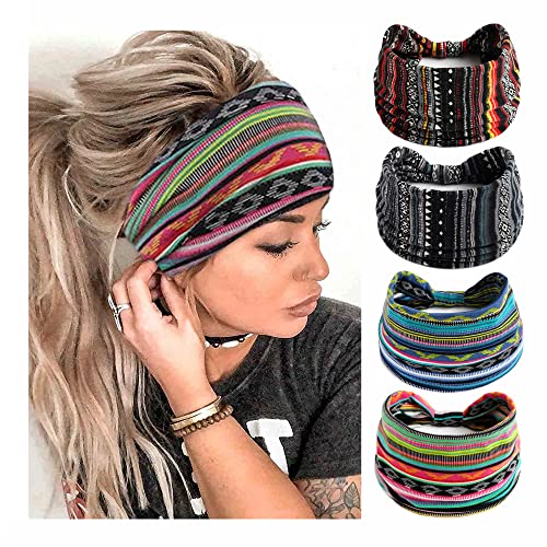 STGDAK Boho Headbands For Women Fashion Stretch Wide Hair Bands Knoted Turban Head Bands Yoga Running Sweatband Elastic Headband Stylish Wrap Headbands Hair Accessories for Teen Girls 4 Pack