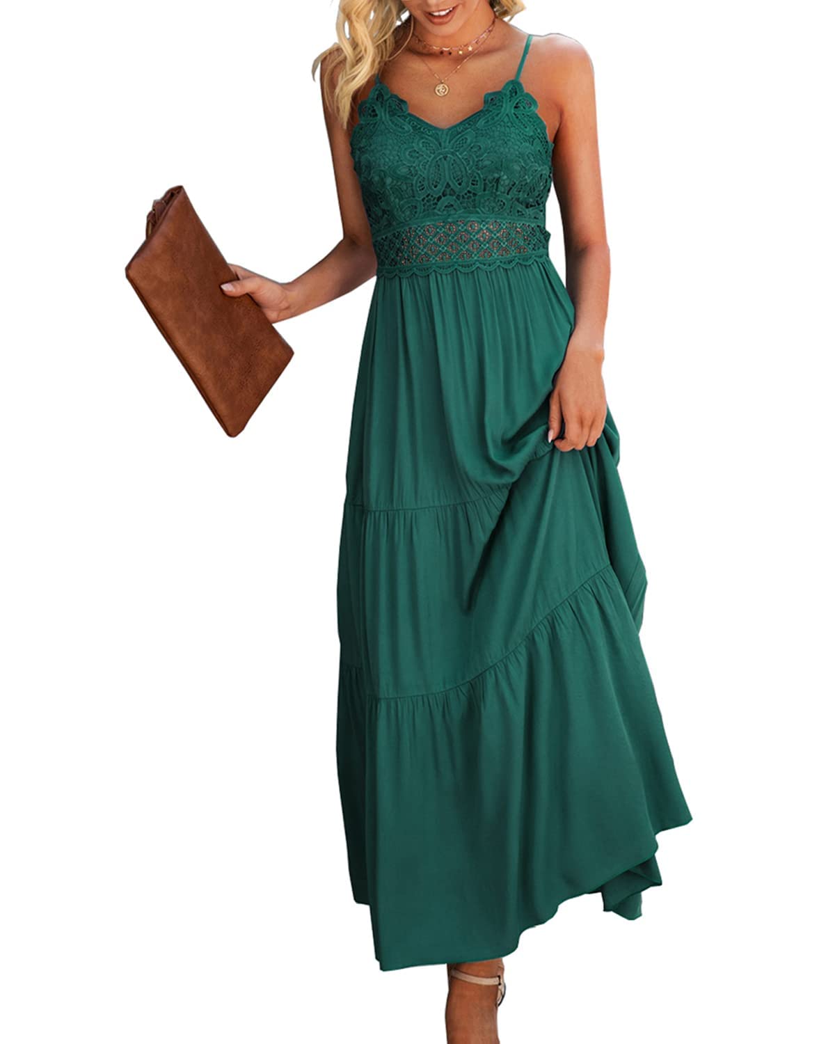 Dokuritu Cocktail Dress Green Dresses for Women Beach Crochet Lace Maxi Dress Summer Spaghetti Strap Long Dress Vacation Outfits 2024(DarkGreen,L)