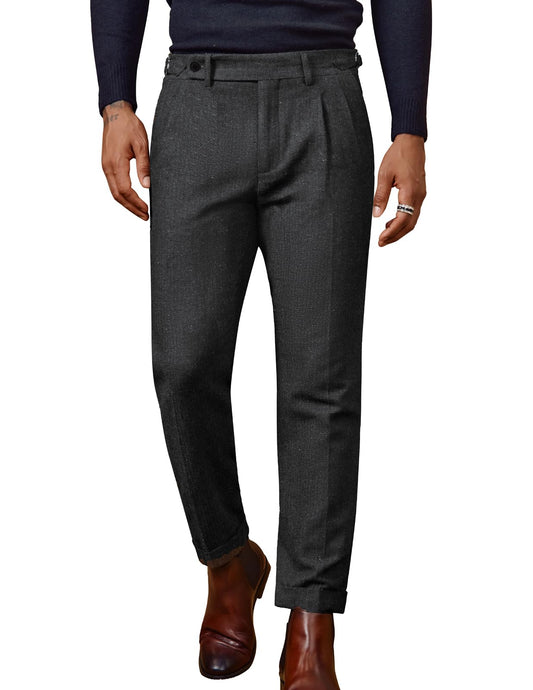 Mens Tweed Herringbone Dress Pants Vintage Casual Business Pants for Party Black Grey