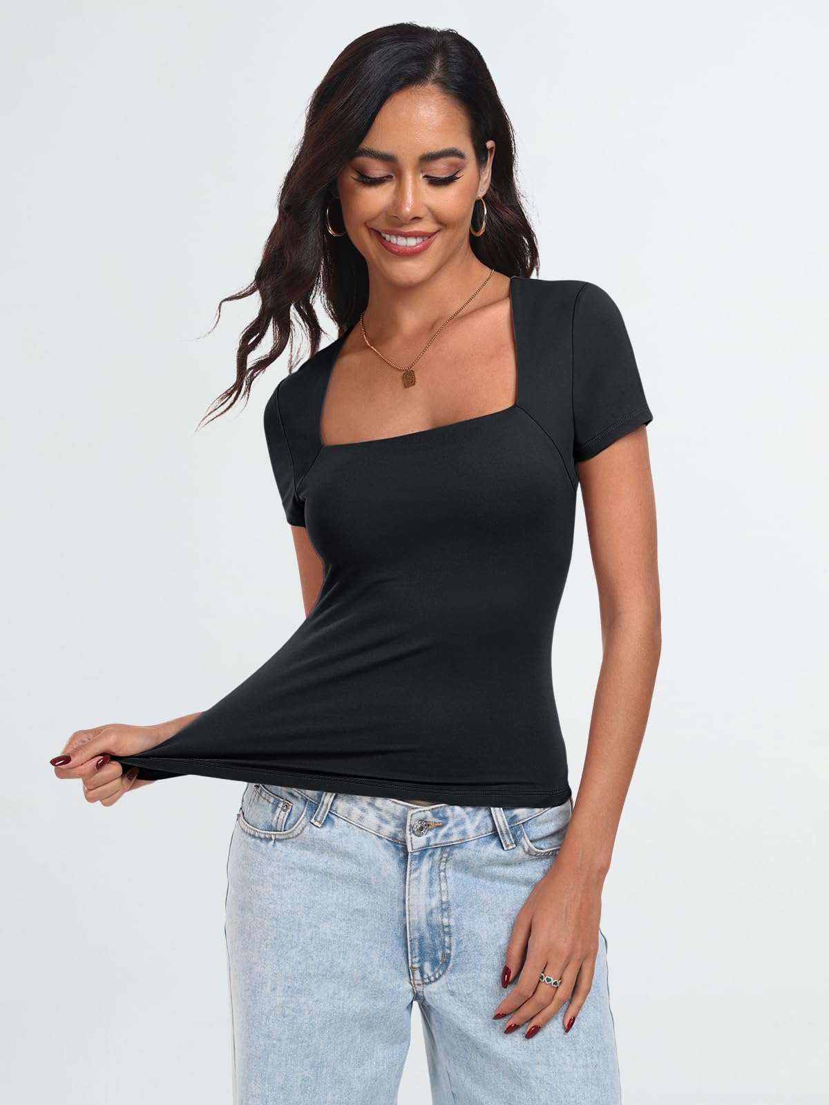 Trendy Queen Women's Going Out Tops Short Sleeve Summer Outfits Basic Double Lined Tops Tight Solid Color Tshirts 2024 Black