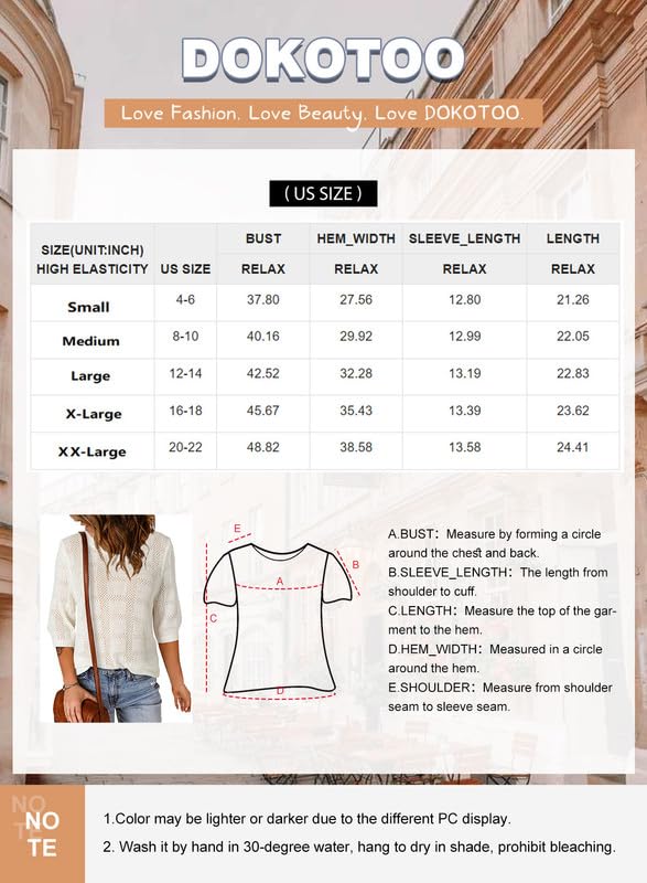 Dokotoo Womens Fashion Casual Spring Summer Shirts and Tops for Women 2024 Trendy Dressy Crew Neck Pullover Sweater T-Shirts 3/4 Sleeve Tunic Tops Hollow Out Loose Shirts White Large