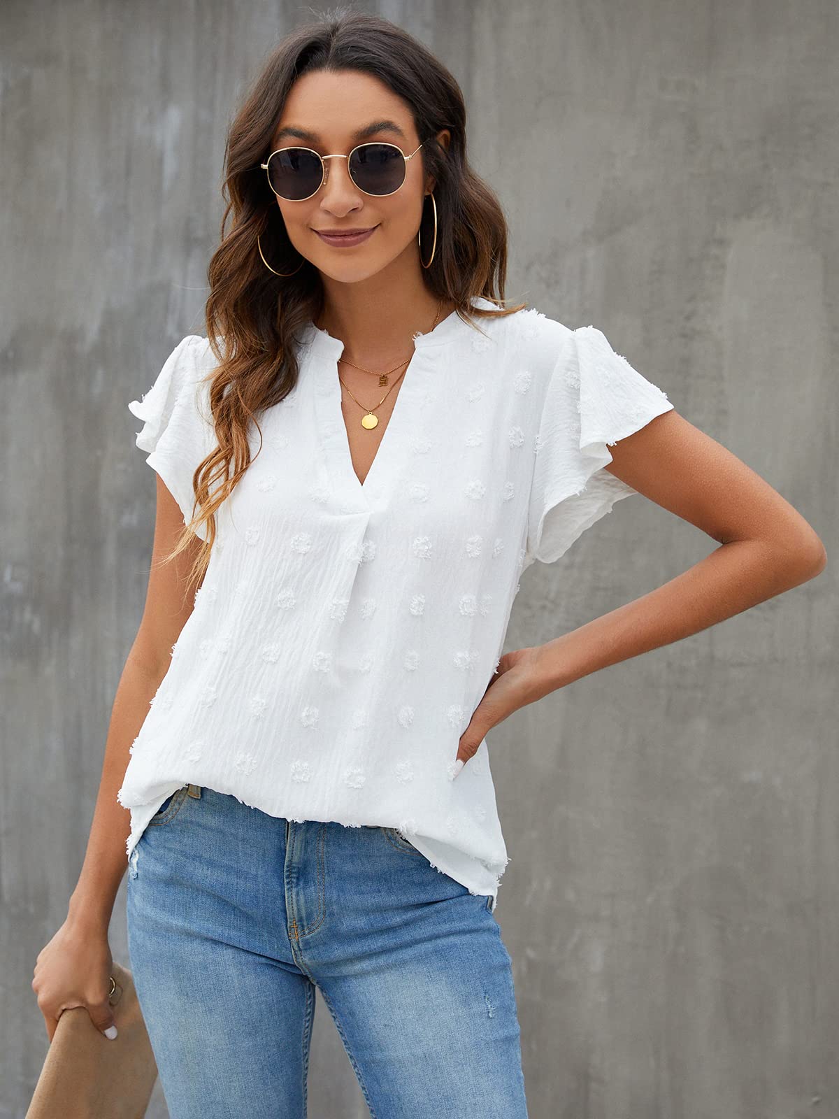 Blooming Jelly Womens White Blouse V Neck Ruffle Sleeve Flowy Shirts Dressy Casual Cute Summer Tops(Medium, White)