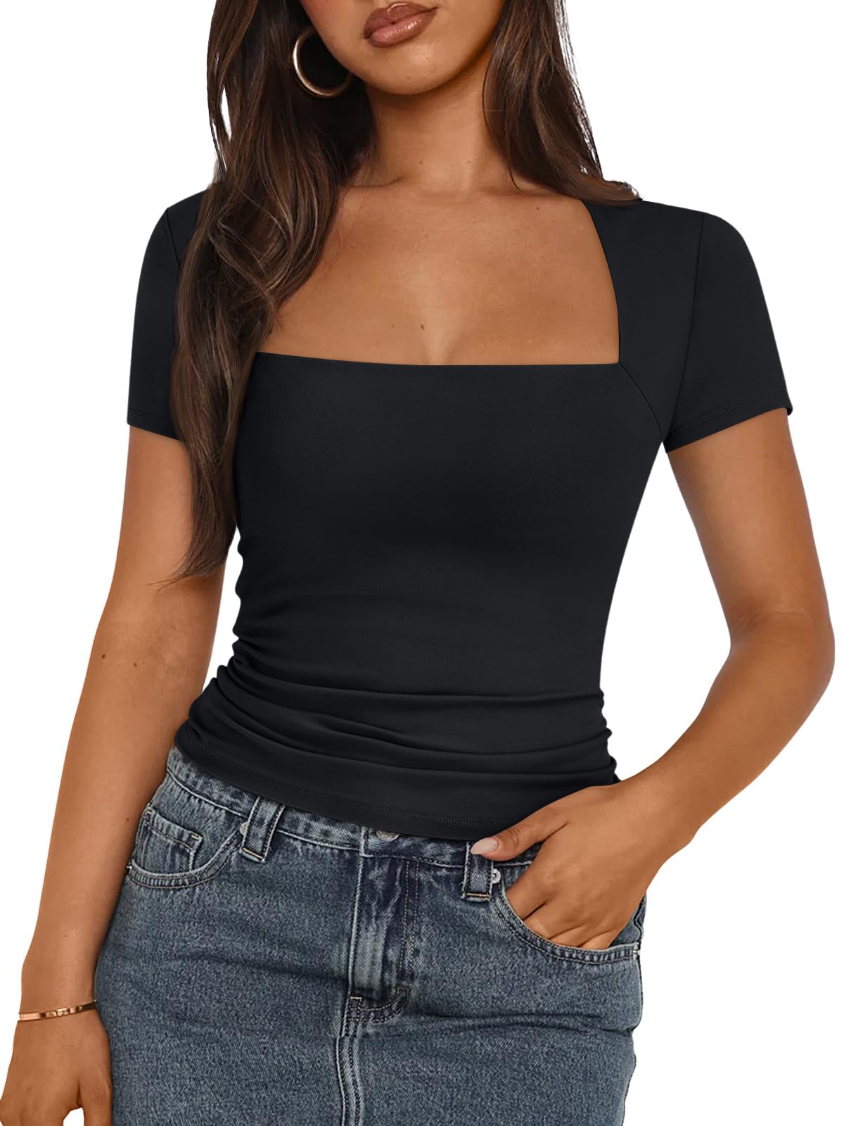 Trendy Queen Women's Going Out Tops Short Sleeve Summer Outfits Basic Double Lined Tops Tight Solid Color Tshirts 2024 Black