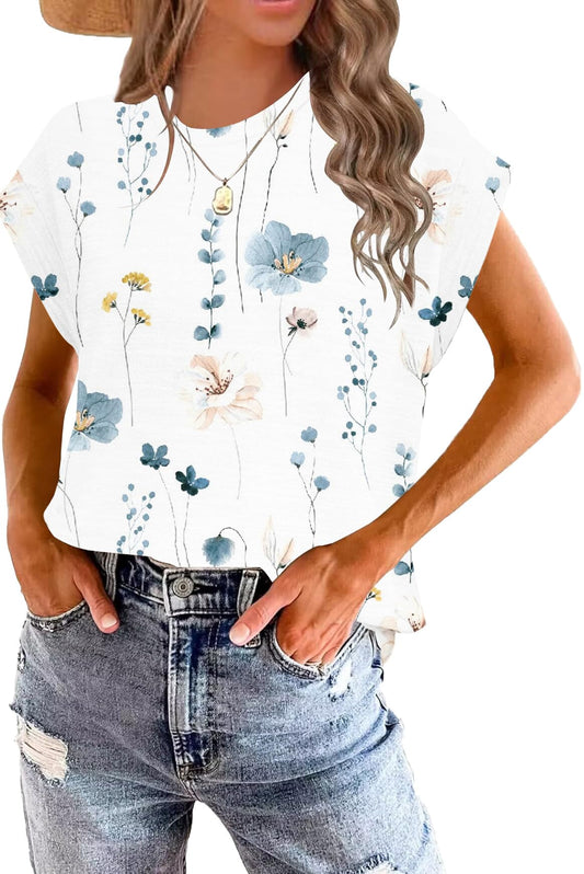 Cap Sleeve Tops for Women Trendy 2024 Summer Tops Fashion Cute Print Loose Fit Short Sleeve Shirts