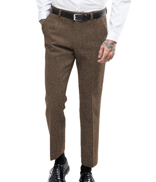 Ceehuteey Men's Retro Dress Suit Pants Thick Wool Flat Front Herringbone Tweed Trousers(Brown, 29W x 30L)