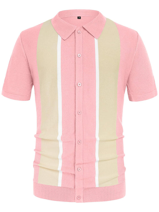 Aiyino Mens Polo Shirts Vintage Striped Lightweight Knitting Golf Shirts XL Pink