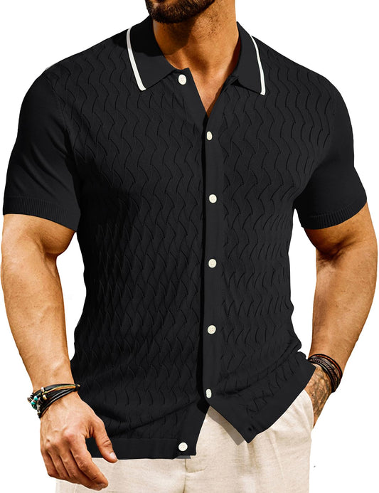 Men Breathable Polo Shirts Vintage Beach Shirts Short Sleeve Knit Polo Shirt Black