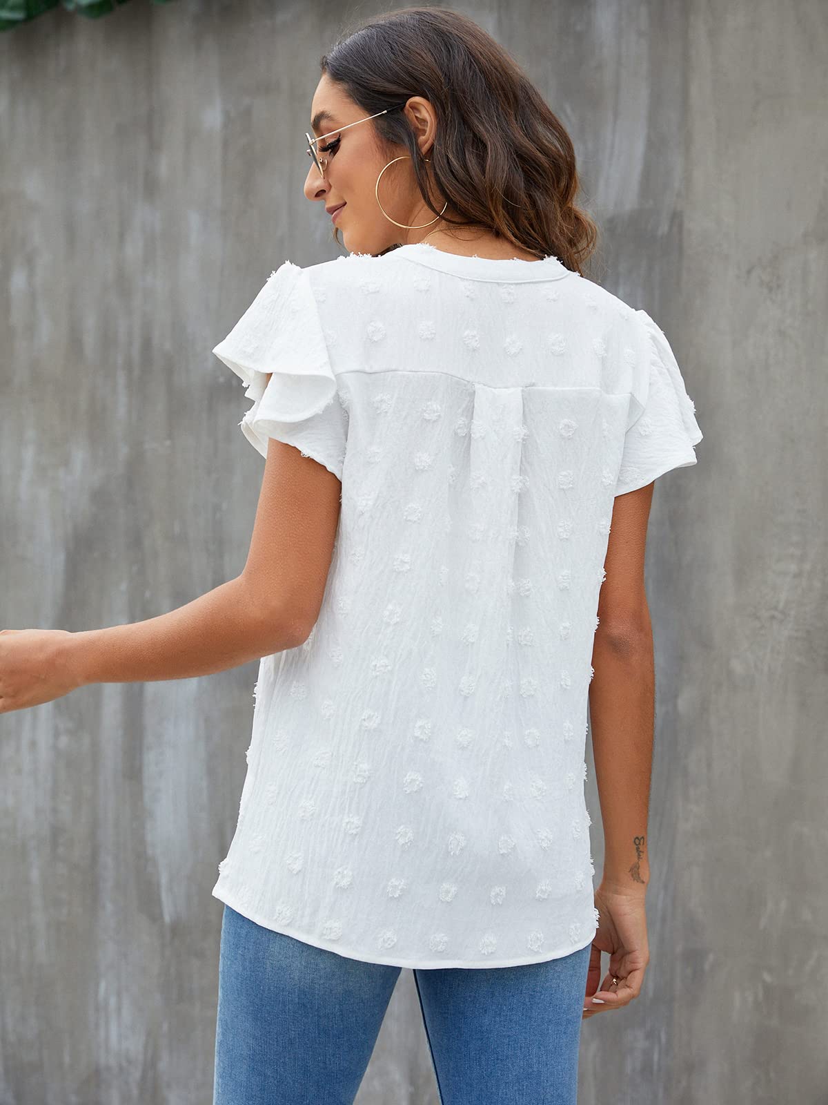 Blooming Jelly Womens White Blouse V Neck Ruffle Sleeve Flowy Shirts Dressy Casual Cute Summer Tops(Medium, White)