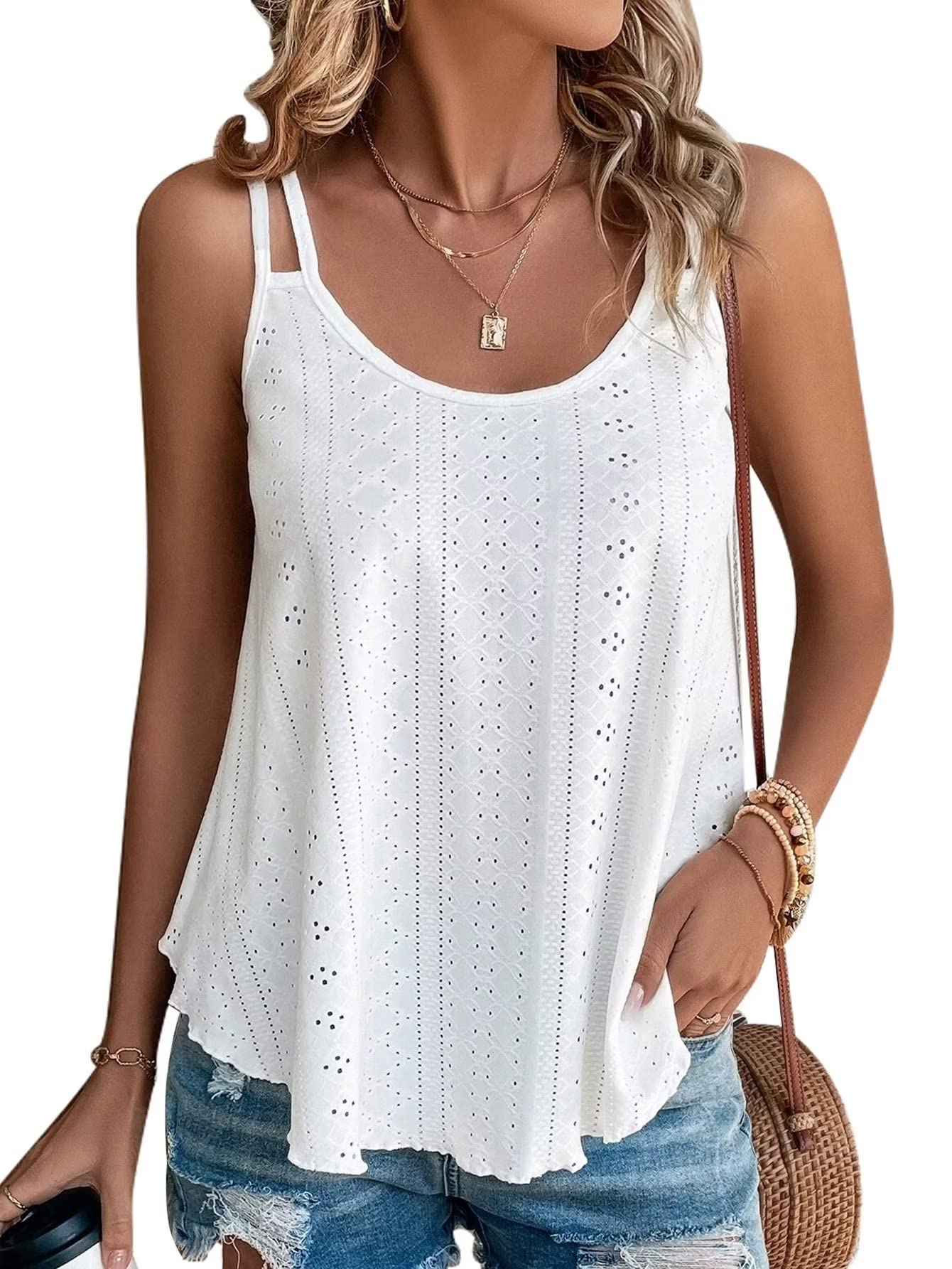 KKJ Womens Fashion Tank Tops Eyelet Embroidery Sleeveless Camisole Scoop Neck Loose Casual 2024 Summer Clothes Flowy Shirts White