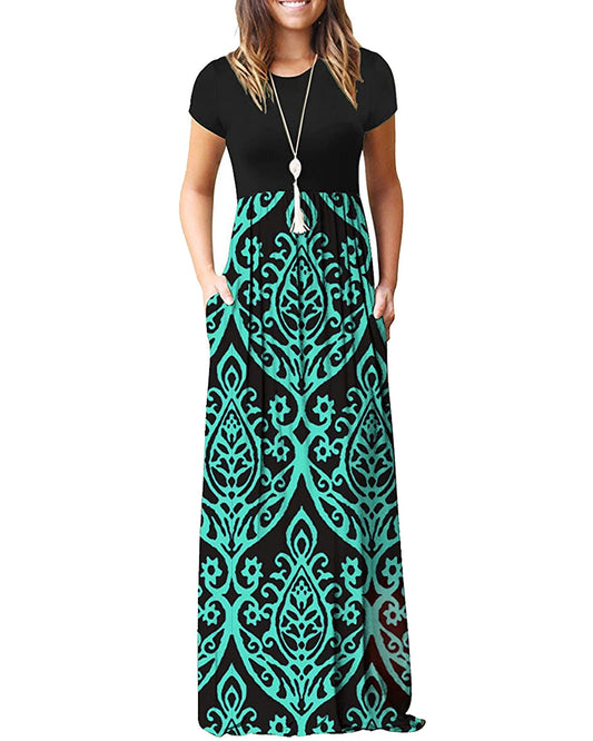 AUSELILY Women Short Sleeve Loose Plain Casual Long Maxi Dresses with Pockets (XL, Black Green)