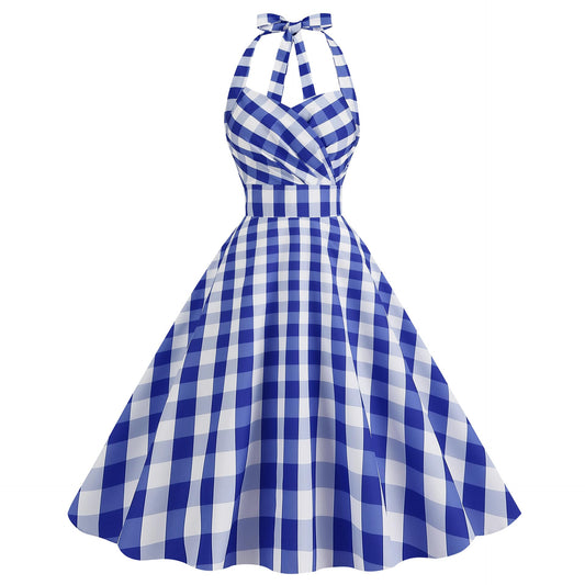 1950s Dress for Women Vintage Halter Sleeveless A-Line Pin Up Costume Polka Dot Gingham Plaid Retro Rockabilly Cocktail Party Dress 40s Novelty Birthday Halloween Dress Blue Plaid XL