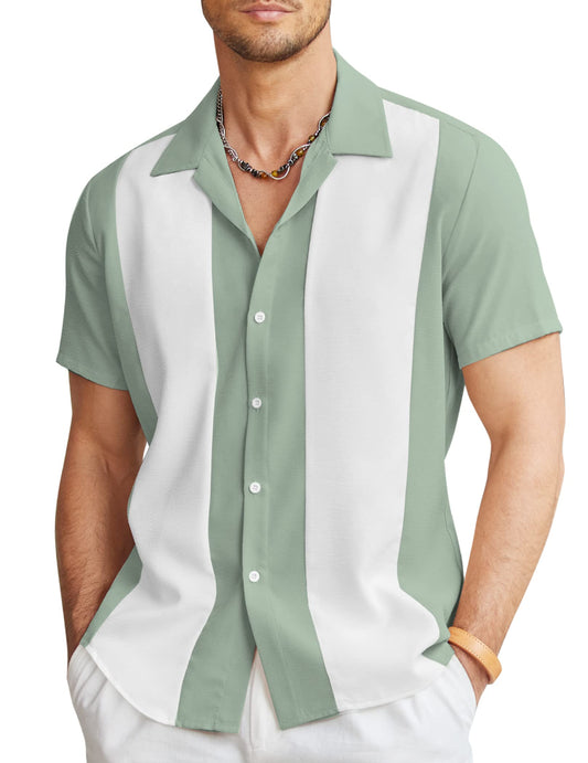 COOFANDY Men's Vintage Bowling Shirt Short Sleeve Button Down Summer Cuba Beach Shirts Green White