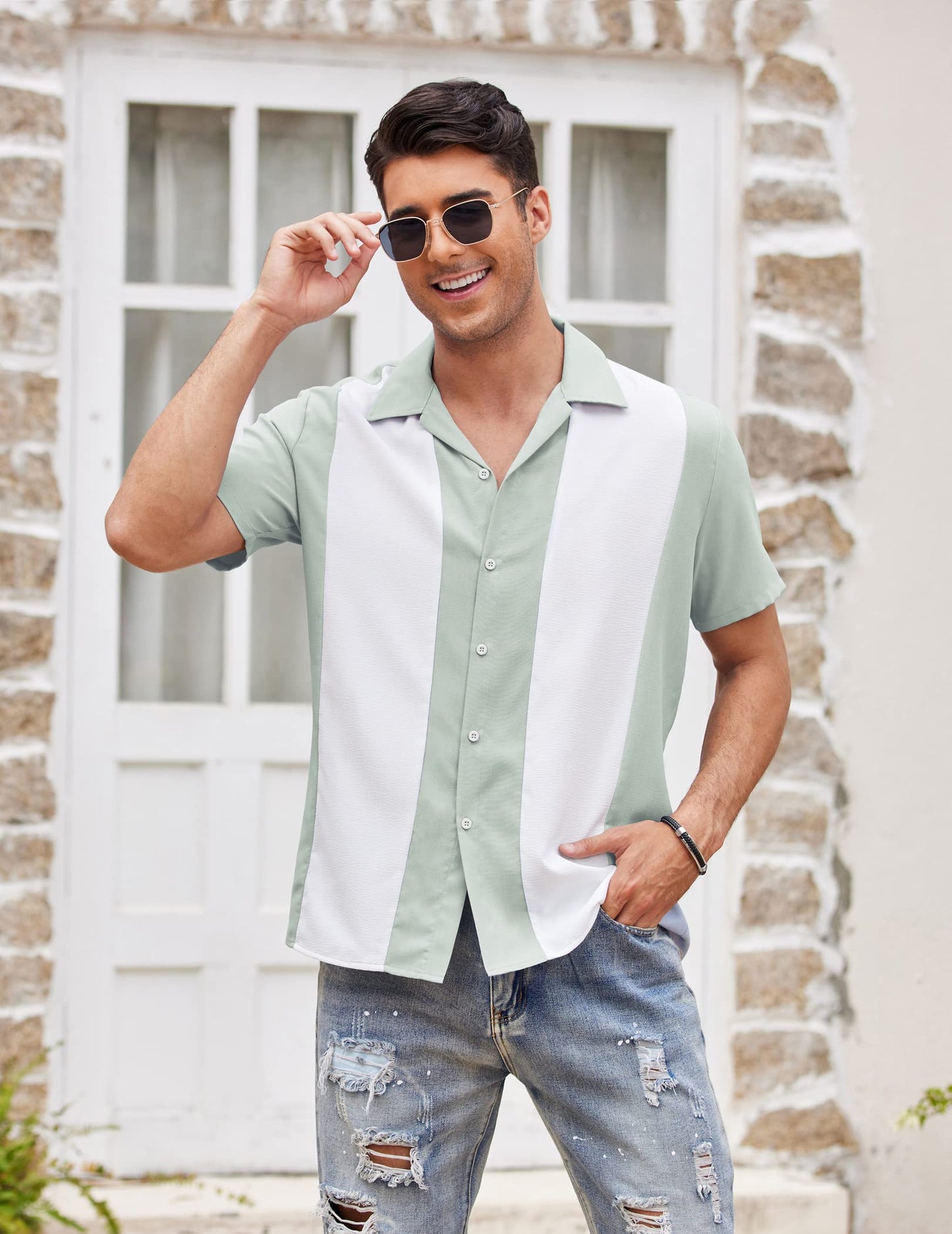 COOFANDY Men's Vintage Bowling Shirt Short Sleeve Button Down Summer Cuba Beach Shirts Green White