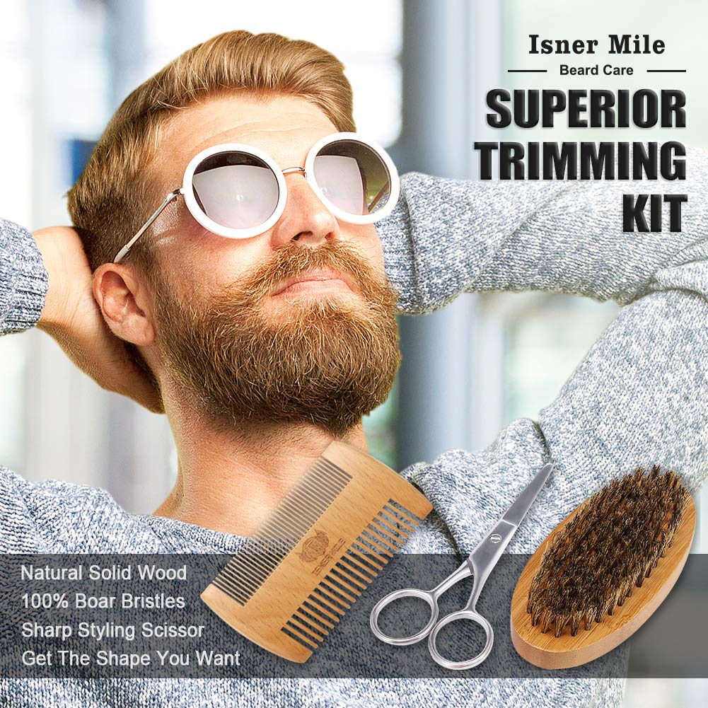 Isner Mile Beard Kit for Men, Grooming & Trimming Complete Beard Set with Shampoo Wash, Beard Care Oil, Balm, Brush, Comb, Scissors & Storage Bag, Gifts for Him Man Dad Father Boyfriend