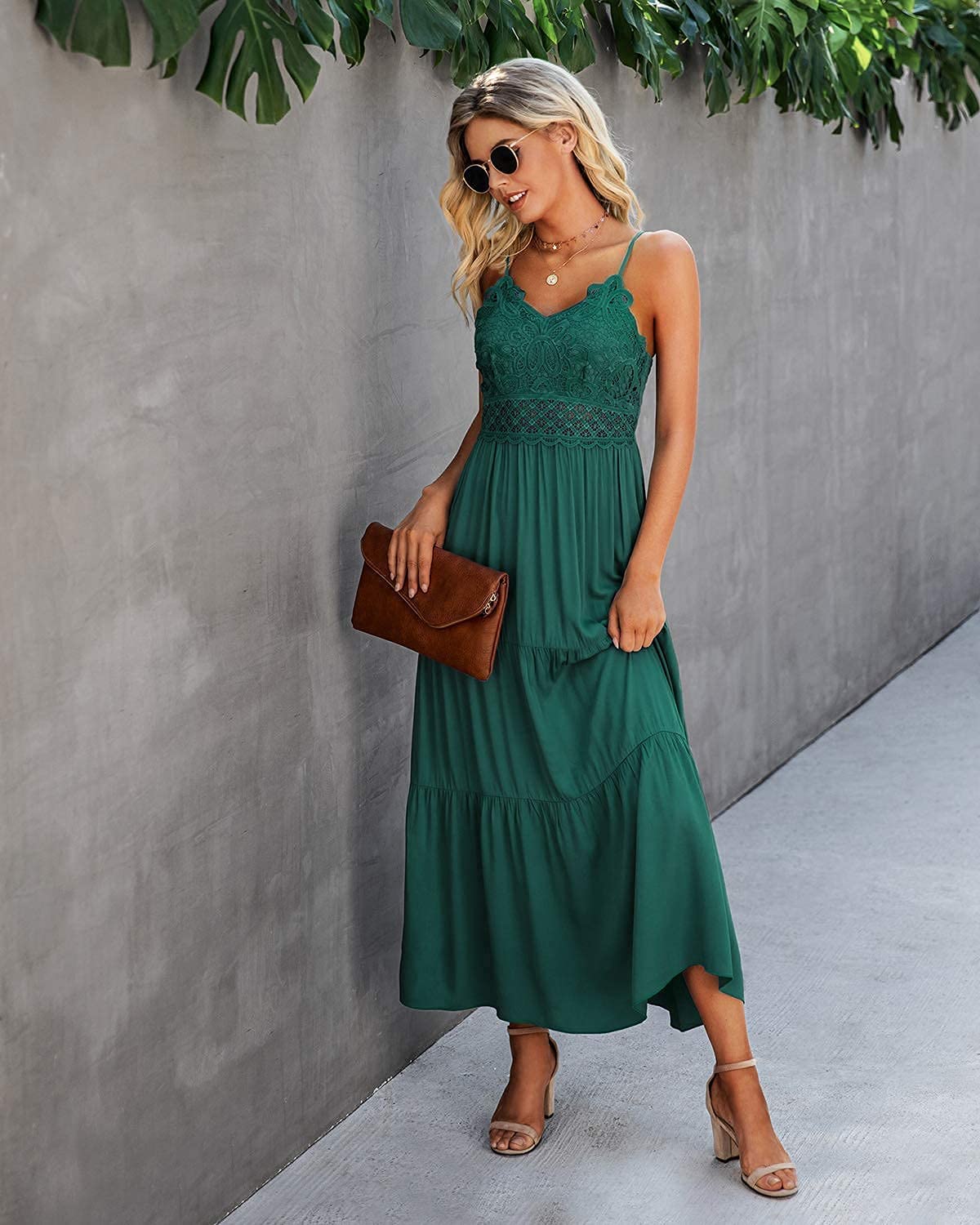 Dokuritu Cocktail Dress Green Dresses for Women Beach Crochet Lace Maxi Dress Summer Spaghetti Strap Long Dress Vacation Outfits 2024(DarkGreen,L)