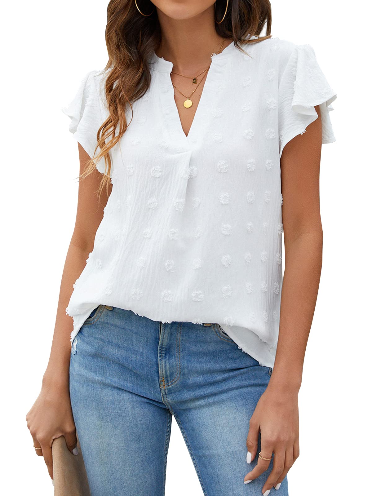 Blooming Jelly Womens White Blouse V Neck Ruffle Sleeve Flowy Shirts Dressy Casual Cute Summer Tops(Medium, White)