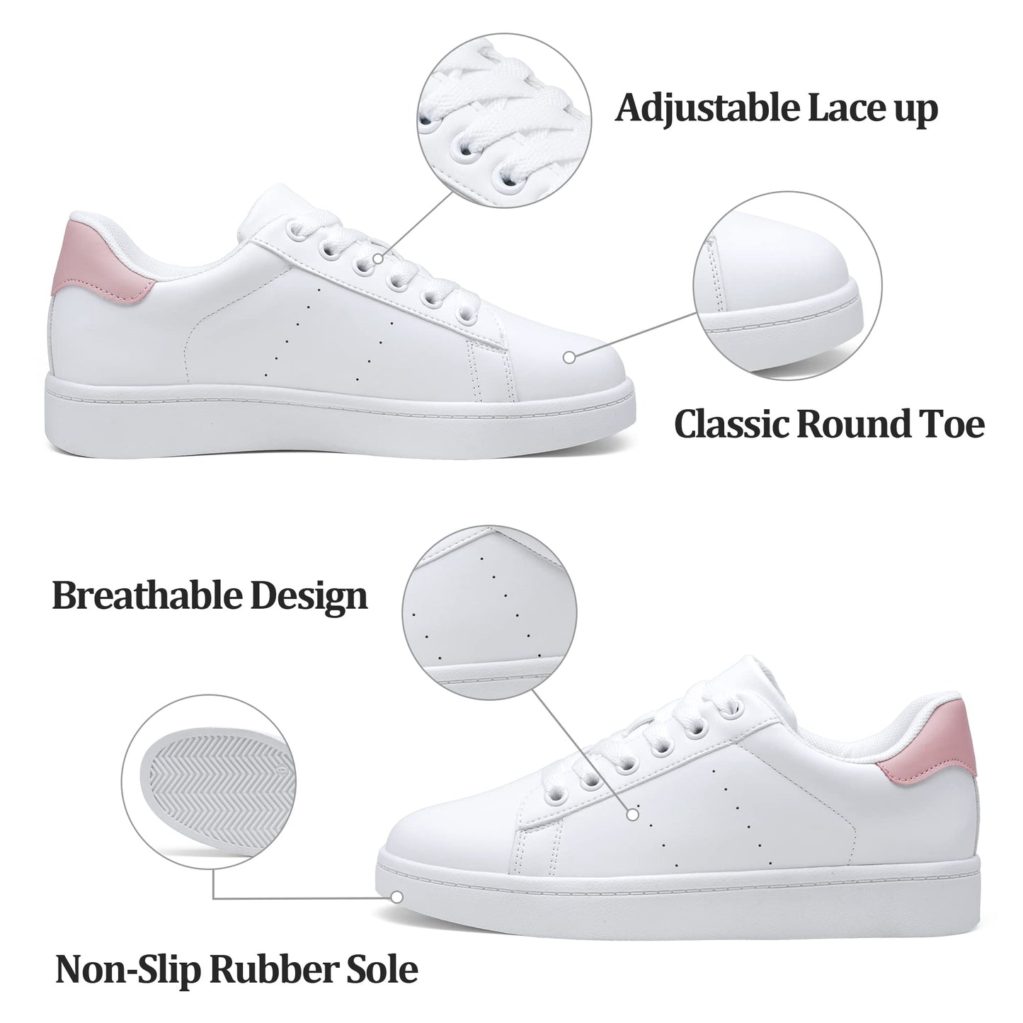 Vepose Women's Fashion Sneakers, PU Leather Laces Casual Sneakers, Pink and White, Size 8 US -Walking Low Platform Shoes(CJY8002 White Pink 08)