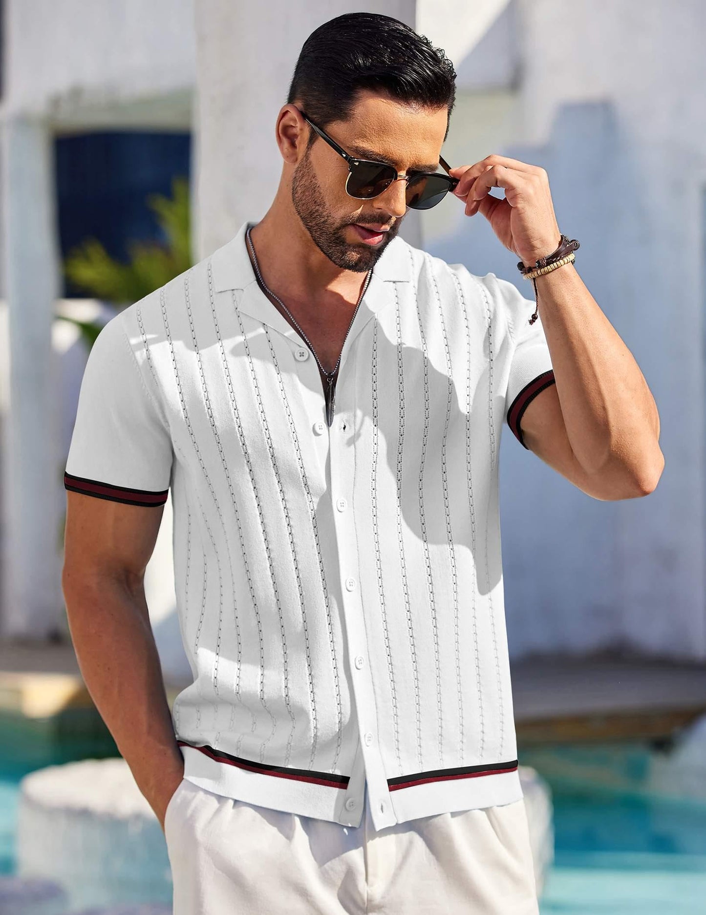 COOFANDY Knit Shirts for Men Short Sleeve Vintage Button Up Shirt Beach Summer White