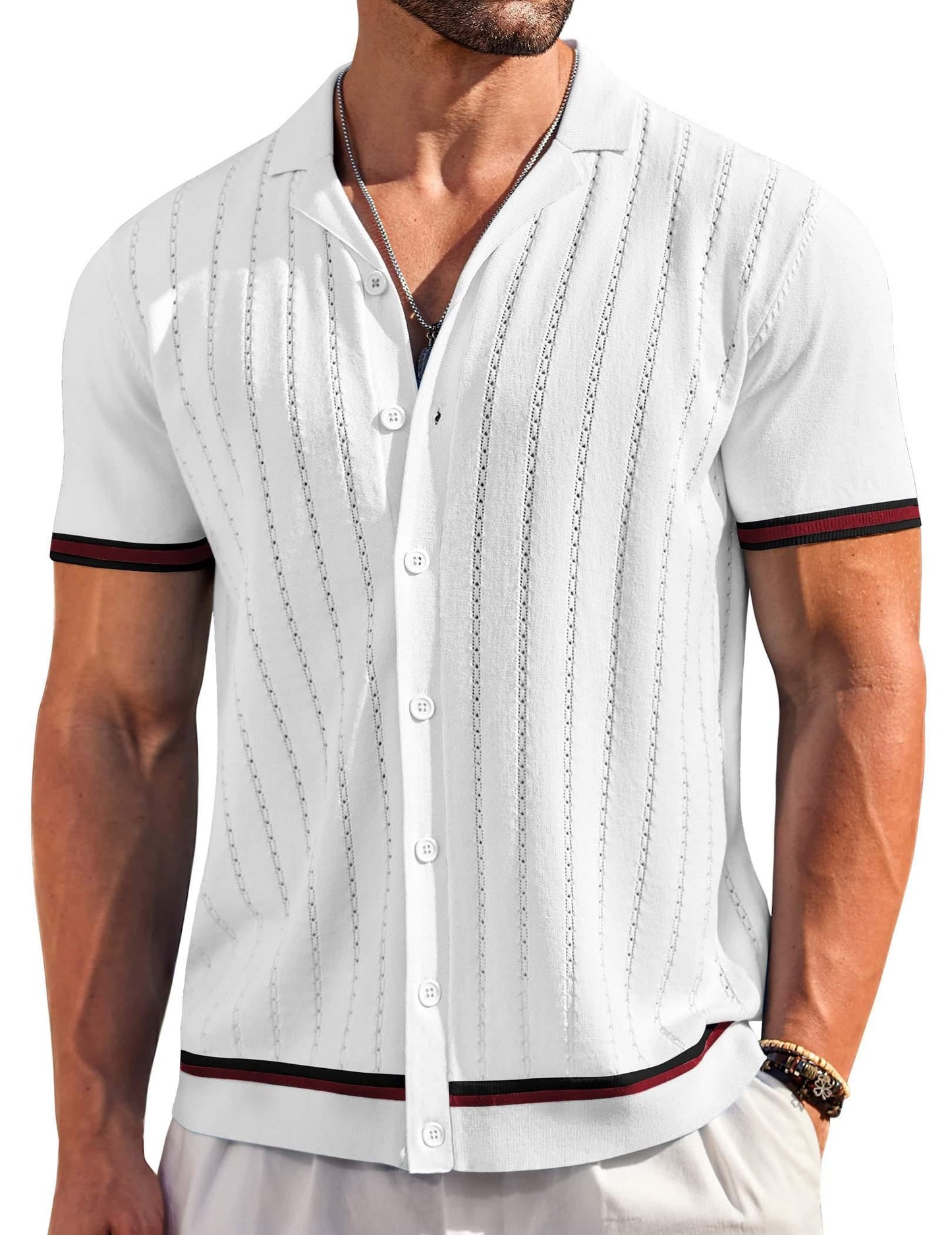 COOFANDY Knit Shirts for Men Short Sleeve Vintage Button Up Shirt Beach Summer White