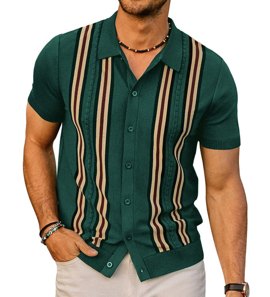 PJ PAUL JONES Mens Retro Striped Polo Shirt Short Sleeve Button Down Knitted Shirts Green XXL