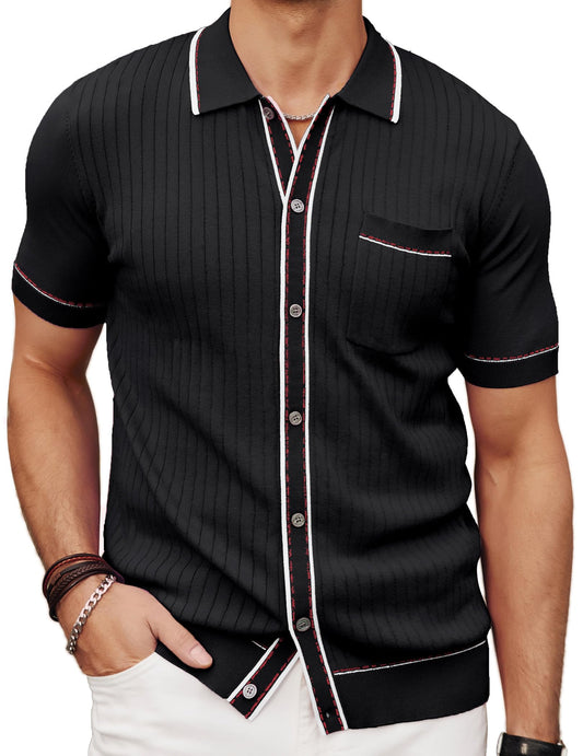 Mens Vintage Polo Shirts Casual Knit Short Sleeve Golf Polos Black M